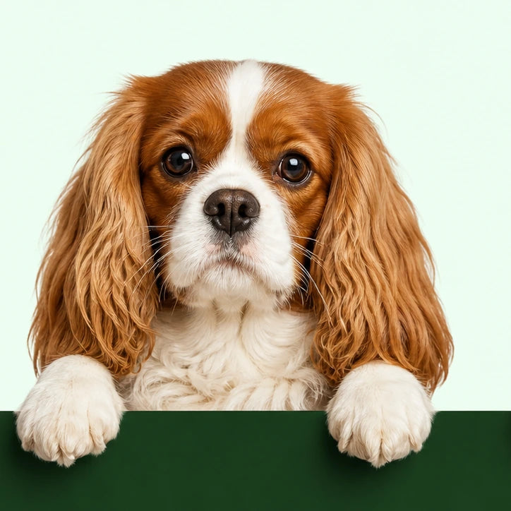 Cavalier King Charles spaniel looking over a dark-green panel