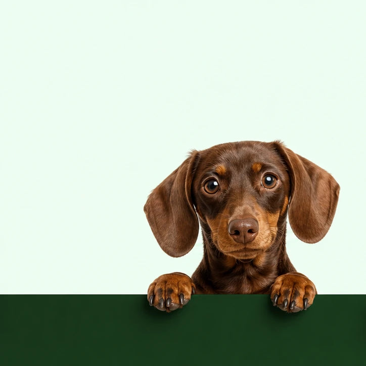 Dachshund looking over a dark-green panel