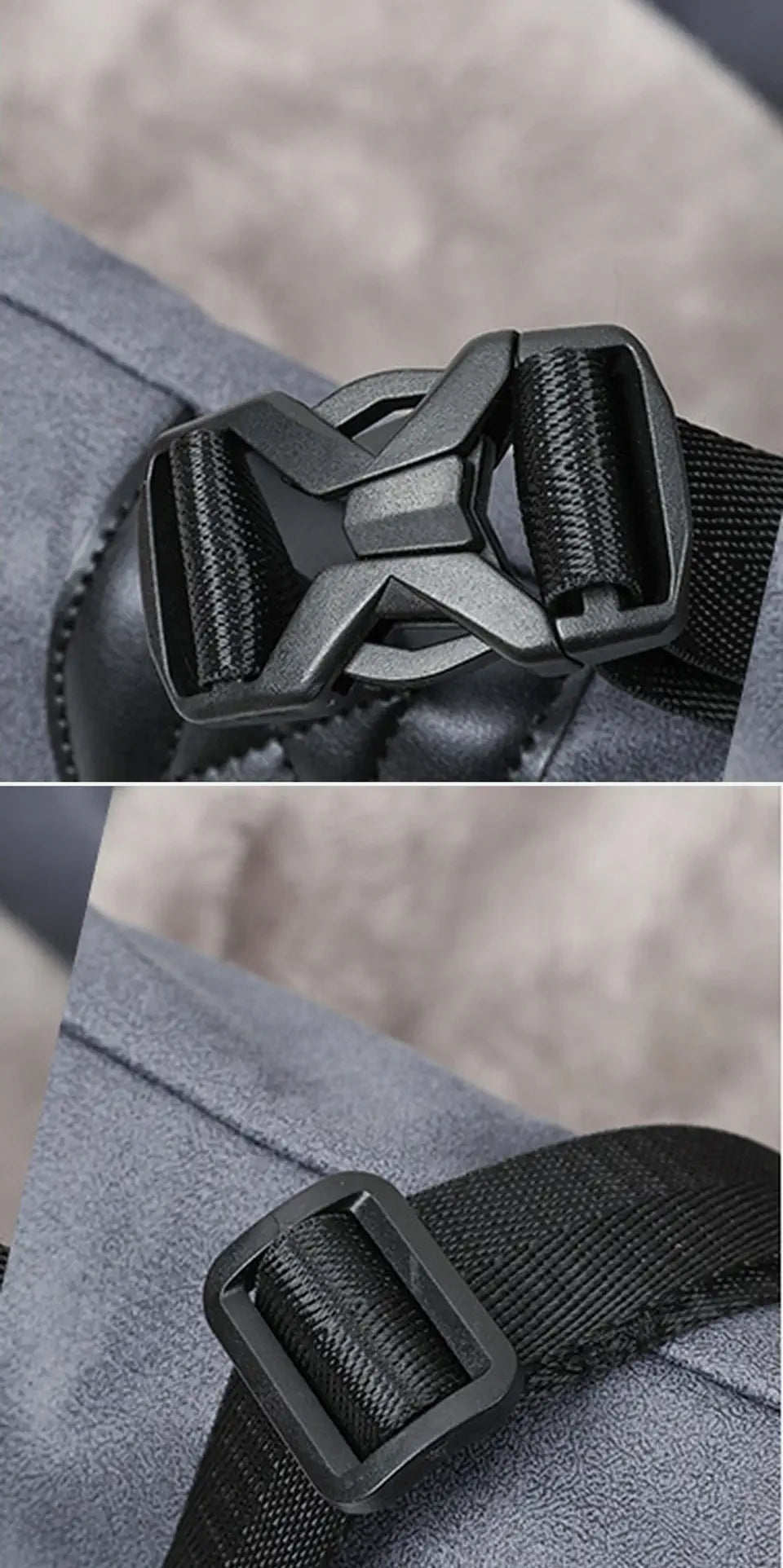 Quick-release buckle and adjustable strap details on the Nuzzigo travel bed