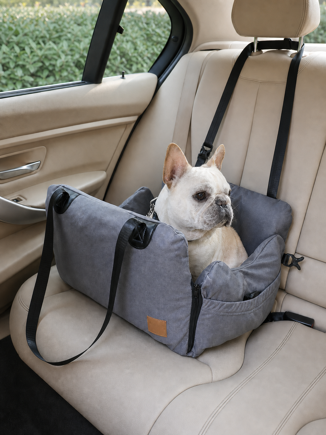 A dog relaxing in the gray Nuzzigo Everywhere Bed during a car trip